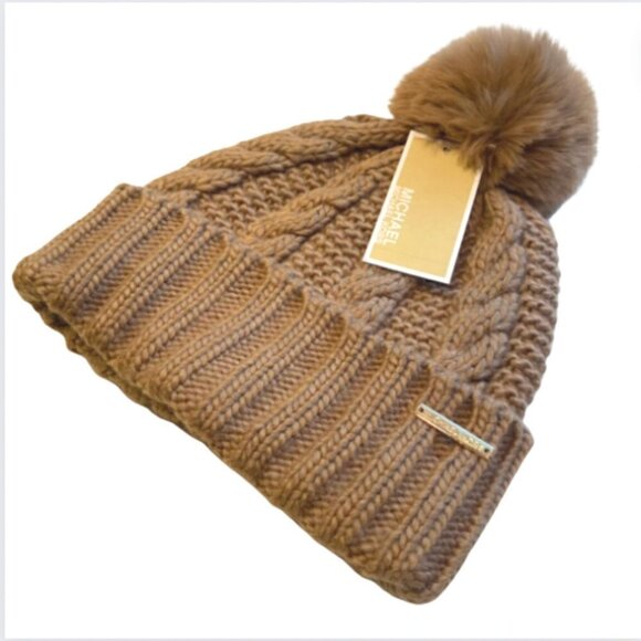 Michael Kors Brown Tan Cable Knit Hat with Pom - Picture 1 of 7